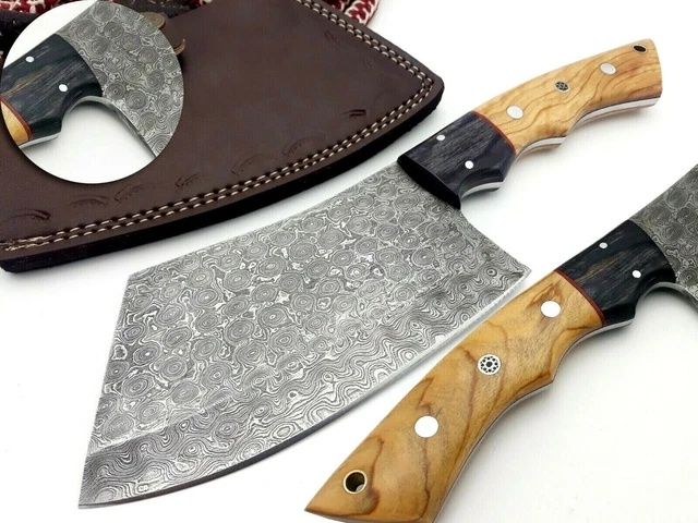 Custom HAND FORGED Damascus Professional Santoku Chef Cleaver Full Tang + Sheath