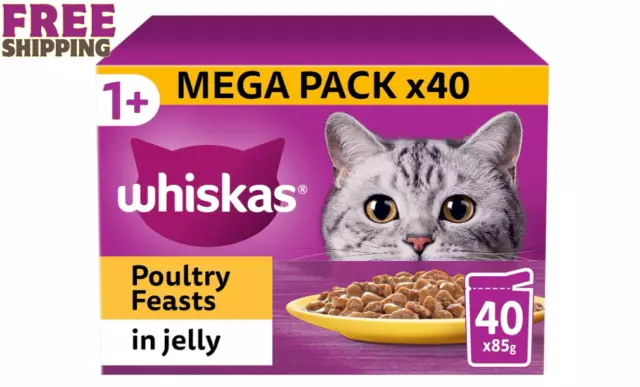 40 x 85g Whiskas 1+ Poultry Feasts Mixed Adult Wet Cat Food Pouches in Jelly----