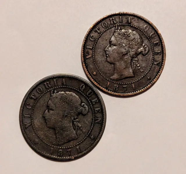 2x Canada Prince Edward Island 1871 Bronze One 1 Cent Coins Queen Victoria