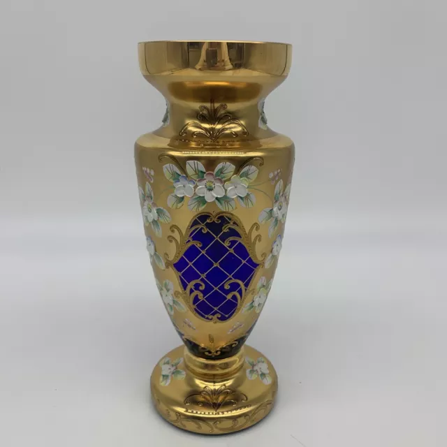 Czech Bohemian Egermann Gold High Enamel Cobalt Blue Glass Vase Floral 10"H