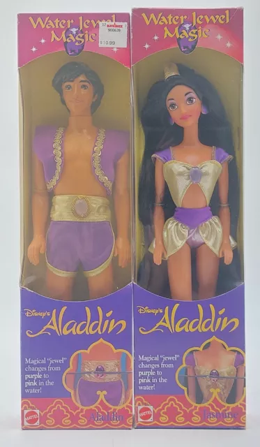 2x NrfB 1993 Mattel Disney's Aladdin Puppe: Water Jewel Magic Jasmine + Aladdin