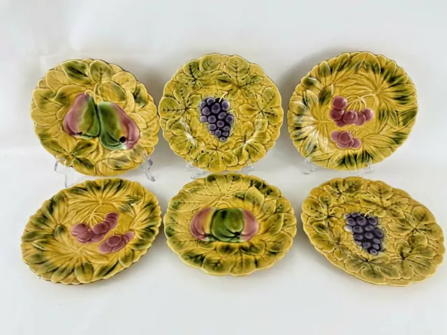 6 Sarreguemines France French Majolica Pottery Fruit Desert Plates 7 5/8"