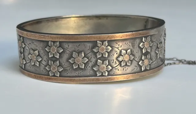 ANCIEN ART NOUVEAU Bracelet Jonc Floral Argent Vermeil Bangle Silver