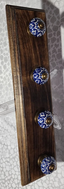 Antique Look Wood Rack with porcelain Hangers Wall MountCoat Hat Clothes Holders 5