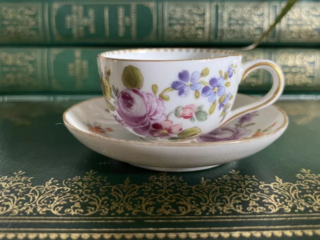 Antique Meissen Augustus Rex Miniature Cup & Saucer Flowers