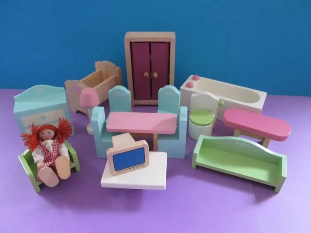 Asda  Wooden Dolls House Furniture 16 Assorted Pieces + Doll  V G Condition