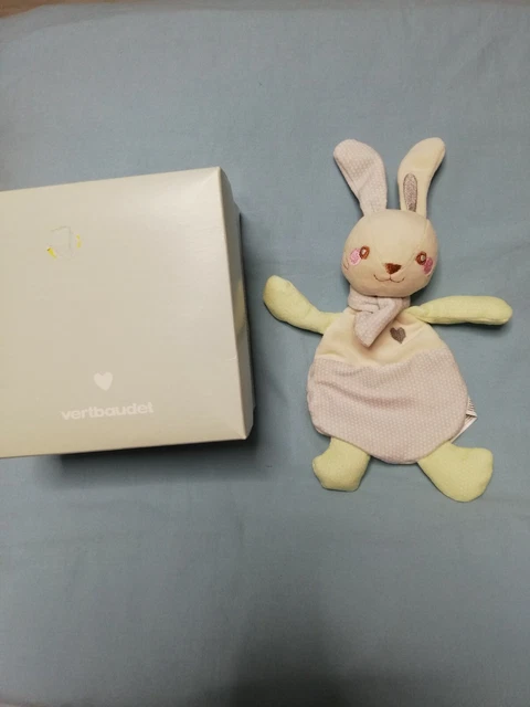 🌼🐰Doudou Lapin Blanc Gris Vert Brodé Coeur Vert Baudet vertbaudet Neuf blister