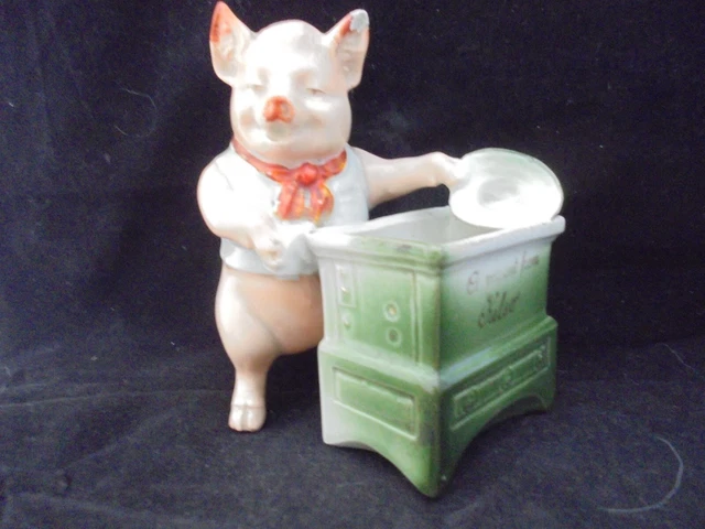 RARE ANTIQUE GERMAN Porcelain PIG Fairing "A FAT PIG WASHING DISHES