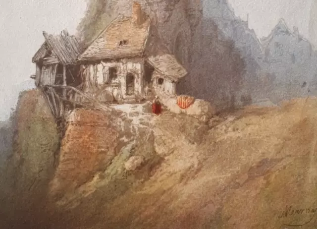 Superbe XIXème siècle dessin signé original aquarelle paysage ruines médièvales 2