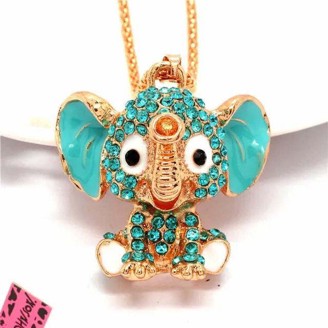 New Fashion Women Blue Enamel Crystal Cute 3D Elephant Pendant Animal Necklace