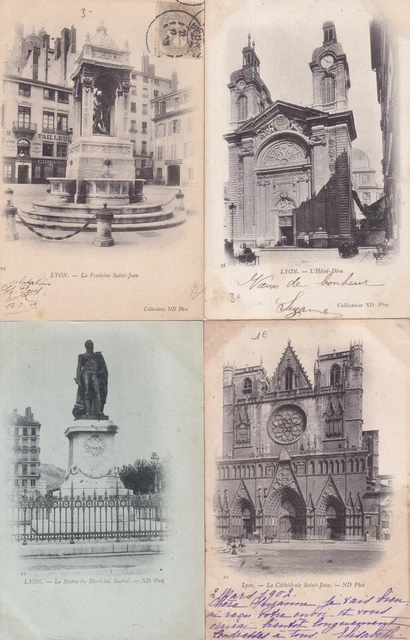 Lot de 4 cartes postales anciennes old postcards LYON timbrées brouillard 5