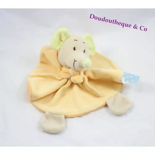 Doudou plat rond souris KING BEAR orange saumon marionnette 22 cm (VA)