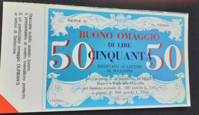 Buono omaggio di Lire 50 dentifricio Durban's (1963)
