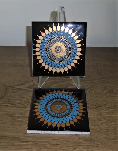 Vintage Dal Tile Monte Talavera Mexico Pottery Two Tiles 4x4 Black Gold Blue