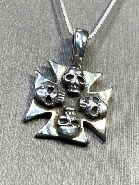 Sterling Silver Biker Harley Rider Maltese Cross Skull Pendant Necklace 18”