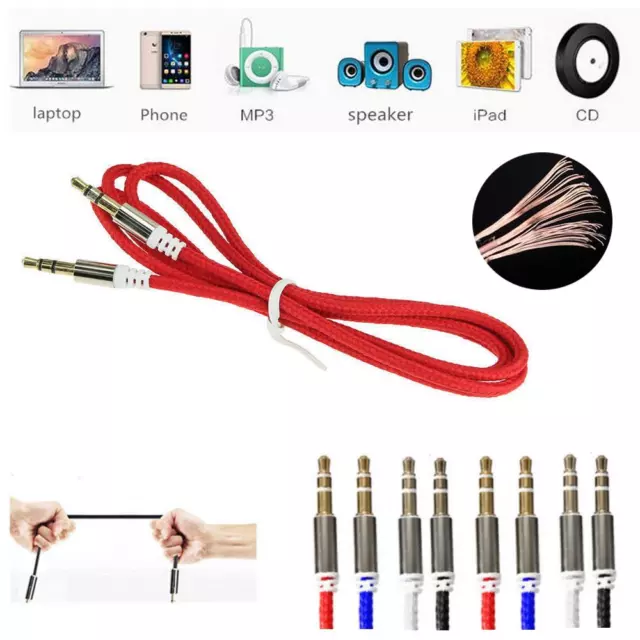 3.5mm Nylon Stereo Jack To Jack Audio Headphone Aux Cable Lead for iPhone ipod