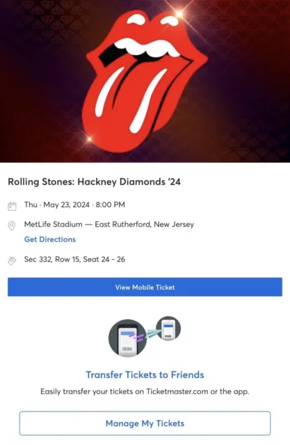 3 Rolling Stones tickets May 23• Thu • 8:00PM • 2024 MetLife Stadium, NJ $175 Ea