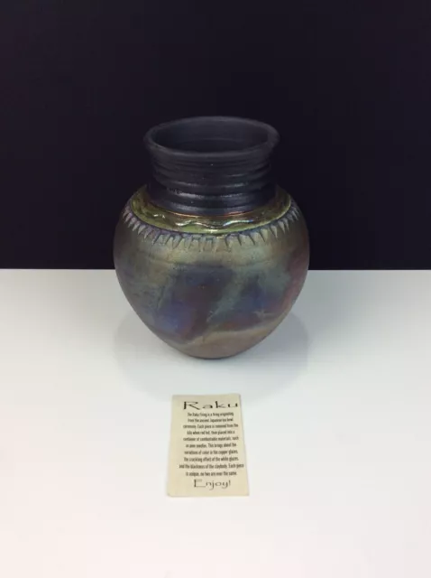 Raku Studio Art Pottery Vase Iridescent Metallic - Signed