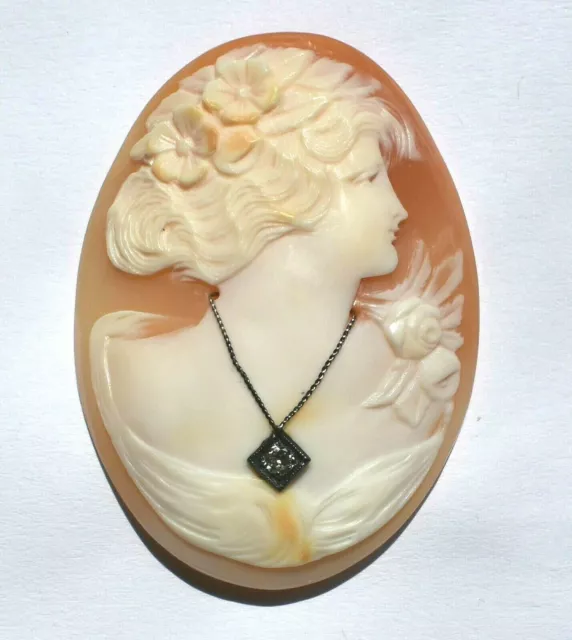 Shell Cameo Large Carved Curly Hair Floral Detailed Habila Diamond Necklace