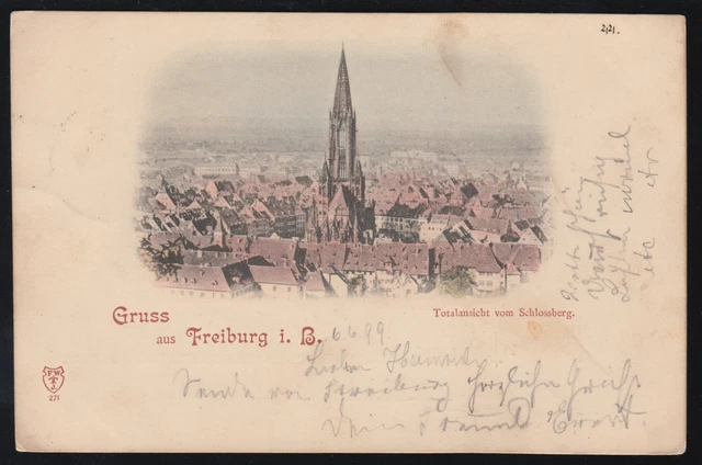 AK Gruss aus Freiburg im Breisgau: Totalansicht vom Schlossberg, 7.6.1899