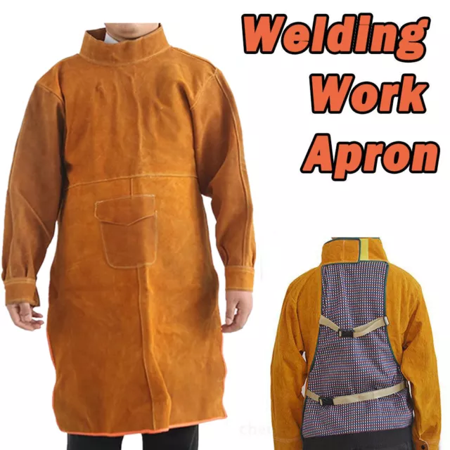 Welding Apron W/Long Sleeve Heavy Duty Leather Weld Jacket Blacksmith Work Coat