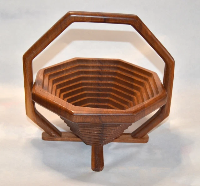 Vtg Wooden Mid Century Collapsible Spiral Bowl Basket Folding Handle