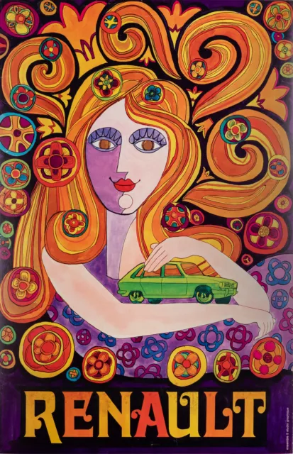 Affiche Originale, Renault R16, Psychédélique, Pop Art, Hippie, Automobile, 1970