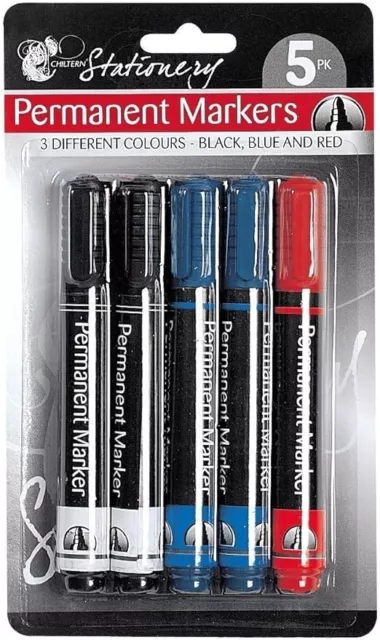 All Surface Waterproof Blue Black & Red Bullet Tip Permanent Markers Pack of 5