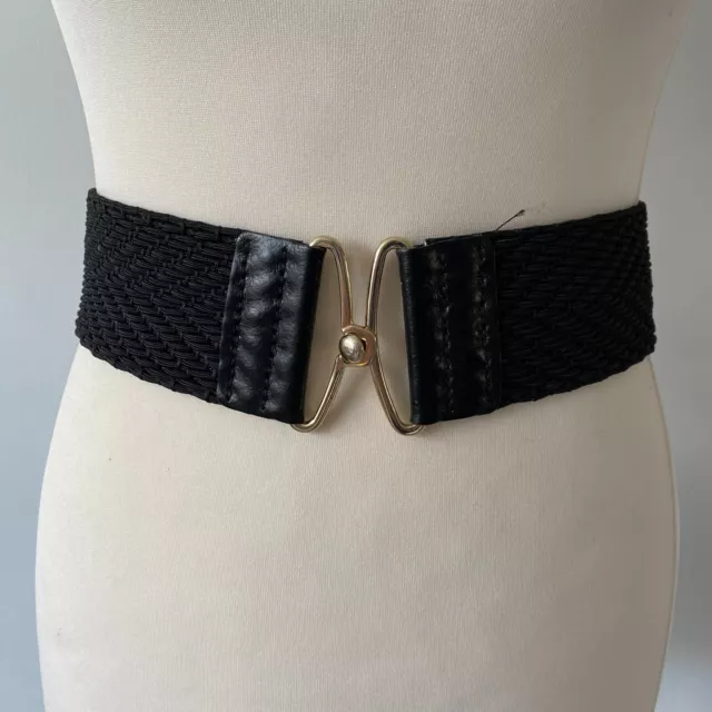 Oasis Black Elasticated Waist Belt Leather Trim Gold Clasp Size S Length 31" VGC