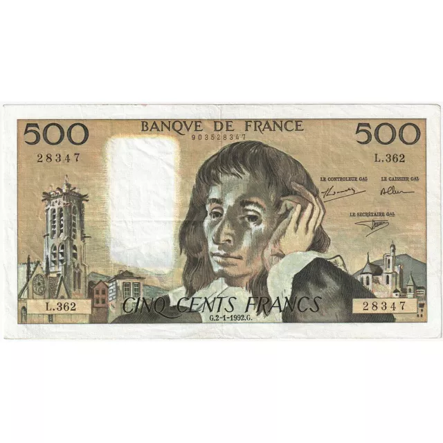 [#636085] France, 500 Francs, Pascal, 1992, L.362, EF, Fayette:71.49, KM:156, i