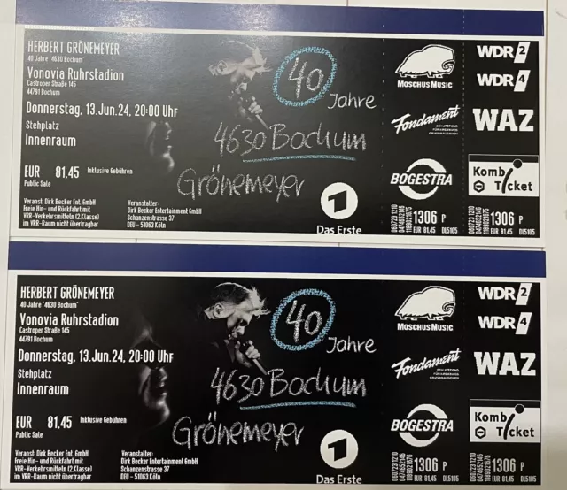 2 Tickets Herbert Grönemeyer 13.6.24 Bochum Innenraum