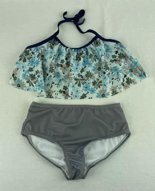 Girls Blue Gray Floral Bathing Suit Ruffle Swim Two Piece Bikini