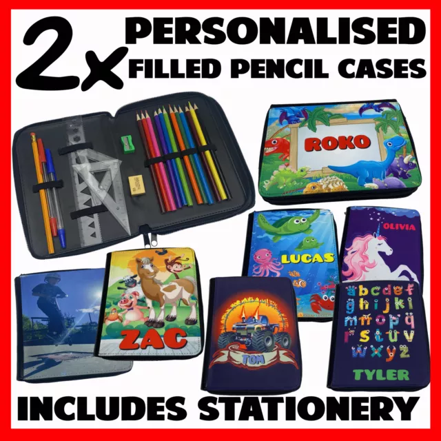 2 x Personalised Back to School Pencil Cases Kids Case Pens Stationery  FILLED