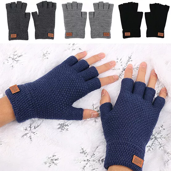 Thermal Fingerless Gloves Mens Womens Knitted Warm Winter Half Finger Mittens