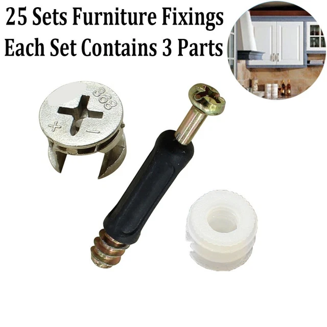 25 Sets Fixings Flat Pack Furniture Fixings Cam Locks Bolts Wood Dowels Drawers