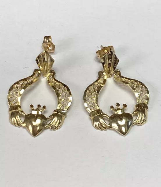 Estate 14k Yellow Gold Filigree Dangling Claddagh Earrings! 4.6g