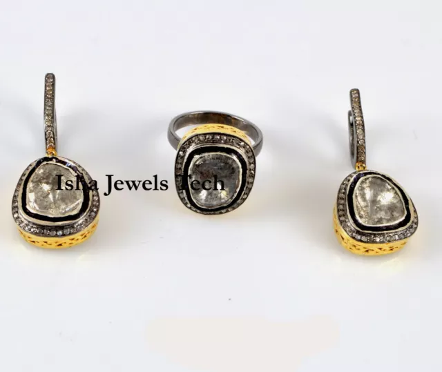 Natural Pave Diamond & Diamond Polki Gold & 925 Sterling Silver Earrings Ring