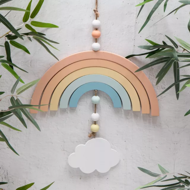 Rainbow & Cloud Mobile Wooden Arc with Beads Baby Cot Unisex Nursery Decor Gift