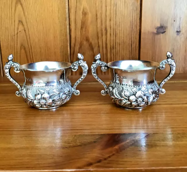 Heavy Matching Pair of Ornate Victorian Solid Silver Salts