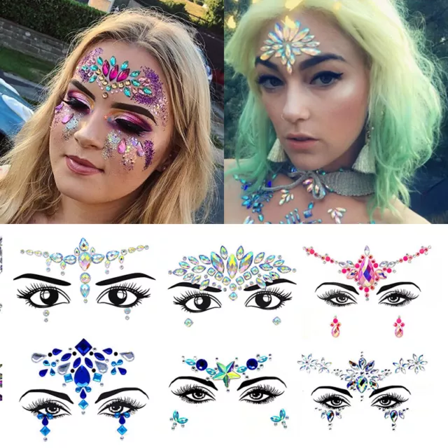 Face Gems Stick on 3D Jewels Festival Body Glitter Crystals Rhinestones Eye