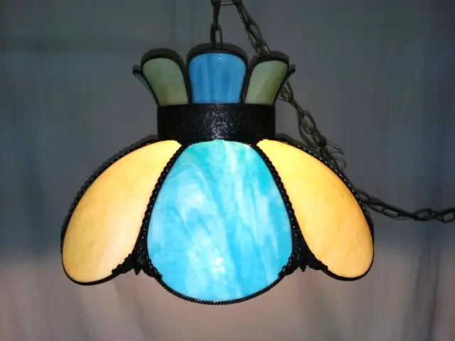 Antique Tulip Stained Slag Glass Lamp Hanging, Swag Pendant Blue,yellow,green