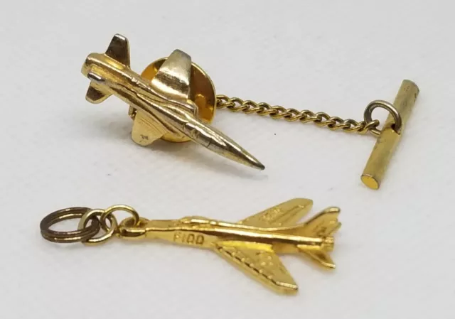 Aviation Airplane Jet Fighter Tie Tack PIn & F100 USAF Charm Aircraft Gold Tone