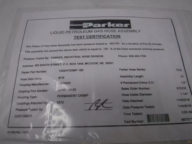 Parker LP Gas Hose Part#: 7232HY20MP-180 (Brand New) 3