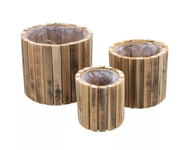 Holz Pflanz Topf 3er Set - 23 / 20 / 14 cm - Garten Deko Blumen Kasten Übertopf