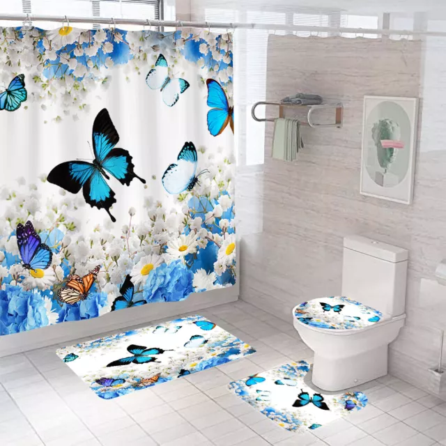 Butterfly Shower Curtain Bathroom Rug Set Bath Mat Non-Slip Toilet Lid Cover