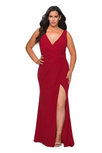 La Femme Curve Deep Red Slit Jersey Gown Size 20 Orig $360