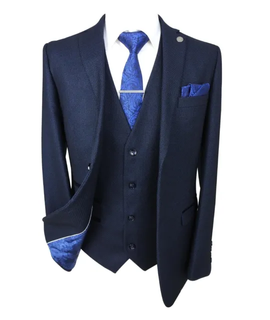 Men's & Boys Paul Andrew Navy Blue Textured Business Wedding Tailored Fit Suit