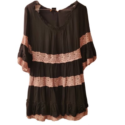 Urban Mango Womens Xlarge Blouse Black Boho Lace Ruffle Top Tan