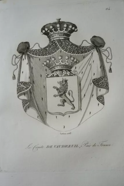 Gravure Blason Heraldique Comte De Vaudreuil Armoiries Restauration 1815