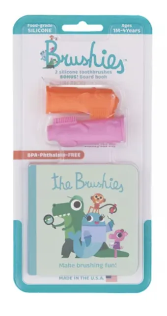 Brushies Baby Toddler Toothbrush Set Momo Monkey Pinkey Pig w Board Book
